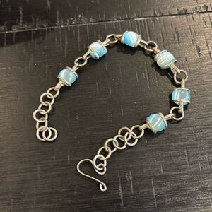 Vintage Baby Dusty Blue Beaded Silver Chain Hook Bracelet